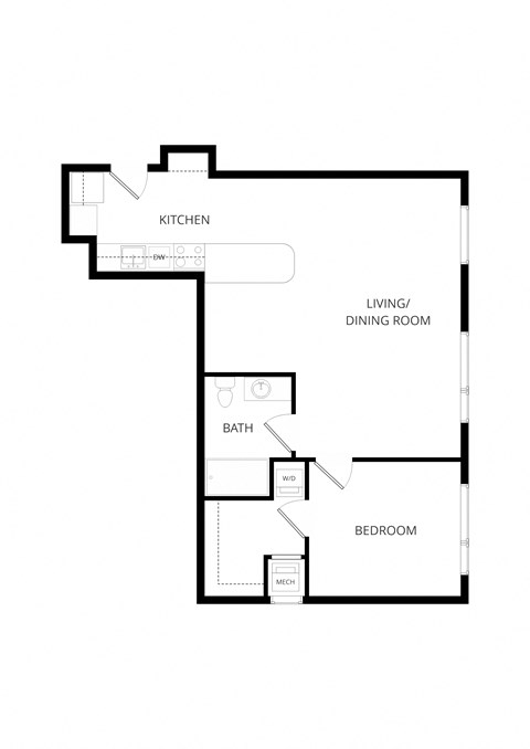 Floor plan for 1 bed, 1 bath, 810 sqft